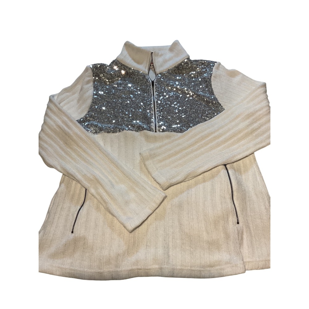ANDRÉE BY‎ UNIT Womens White Sequin Quarter Zip Pullover Sweater Size S